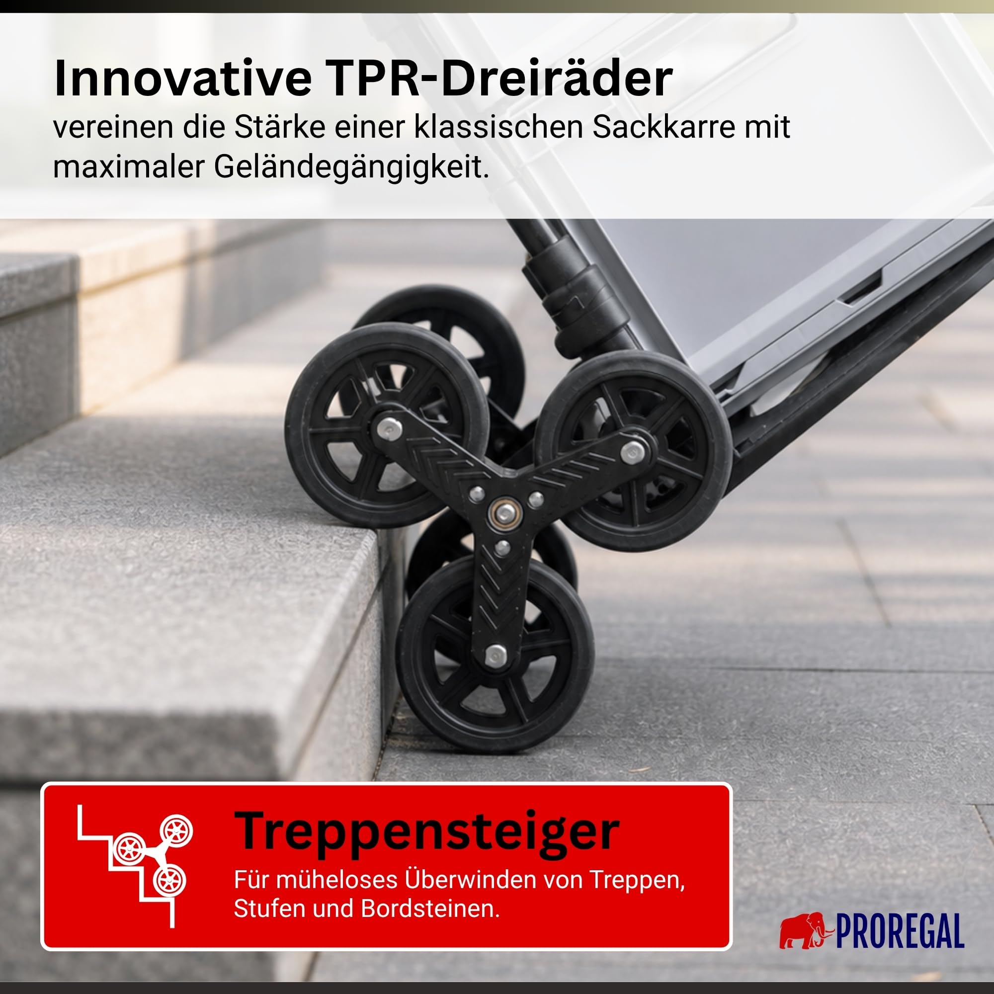 PROREGAL Klappbare Treppensackkarre Elephant | große Schaufel | Traglast 150kg | 6,8 kg leicht | Aluminium, Vollgummireifen Teleskopgriff 100 cm | Schwarz | Sackkarre Transportkarre für Treppen