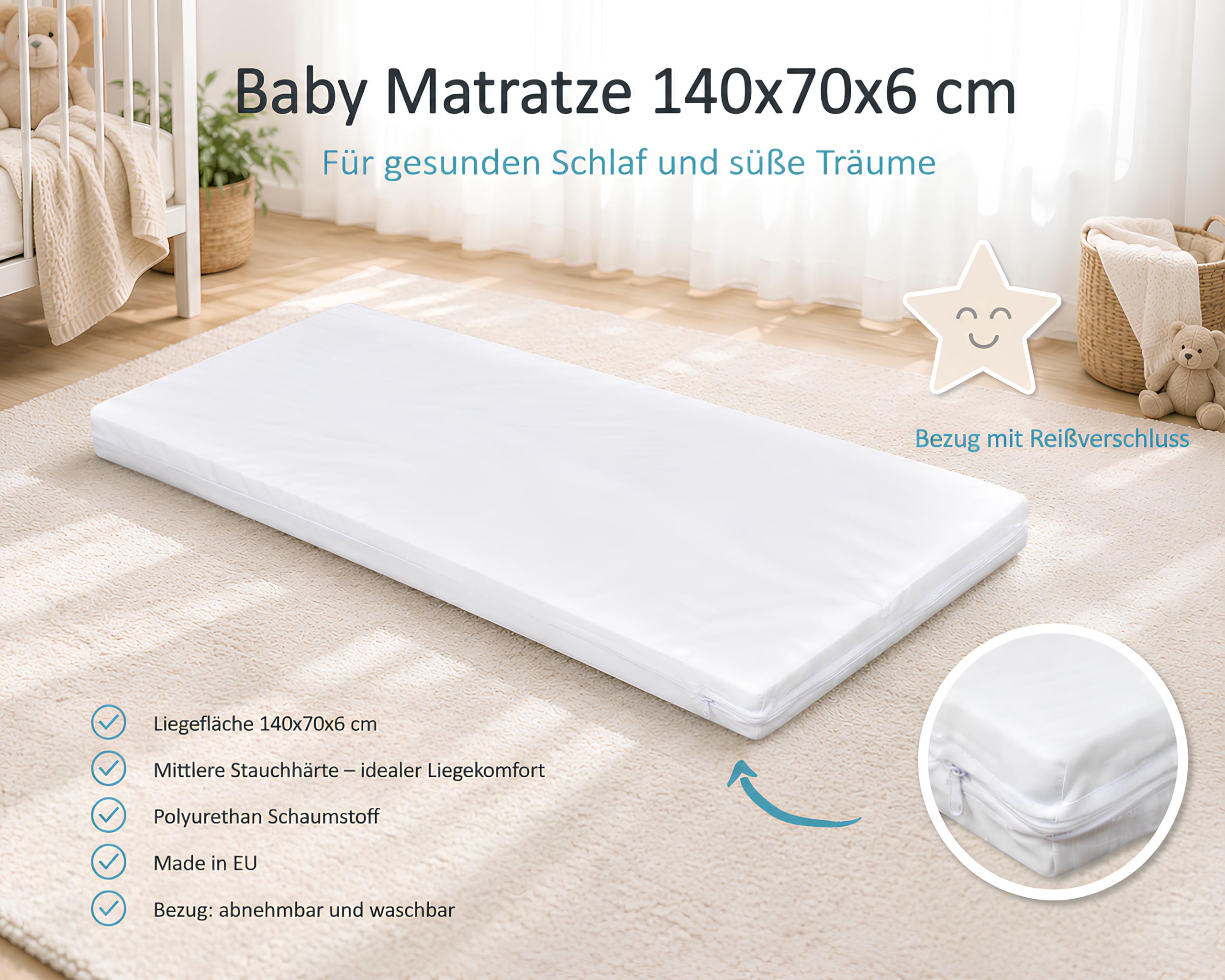 Babybett Kinderbett Juniorbett Jack 70x140 Weiß umbaubar mit Schublade Matratze und Beißschienen
