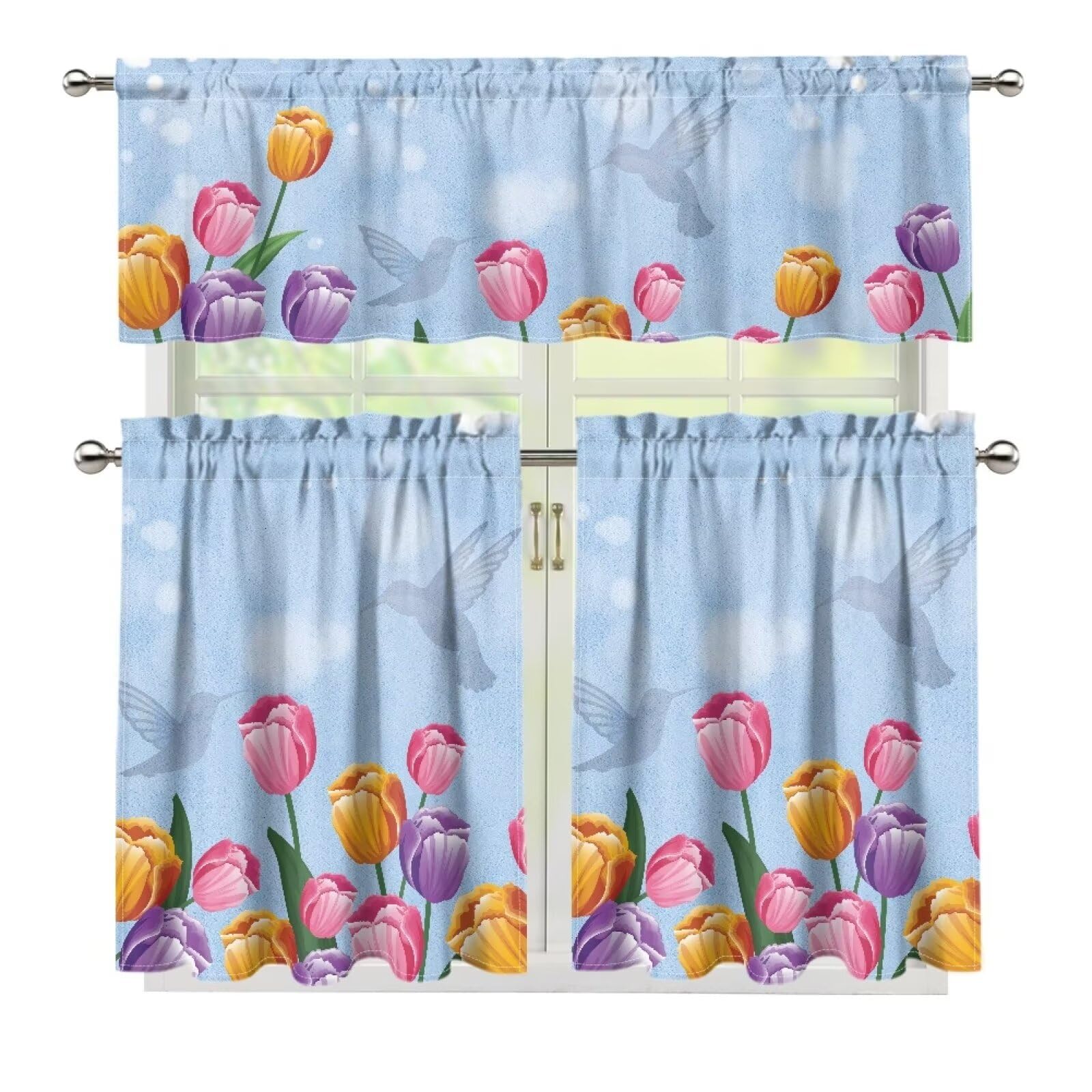 Vanideaoty Floral Kitchen Curtains and Valances Set Farmhouse Blackout 3 Piece Curtain Set for Nursery, Office, Playroom, Cafe, Children's Room