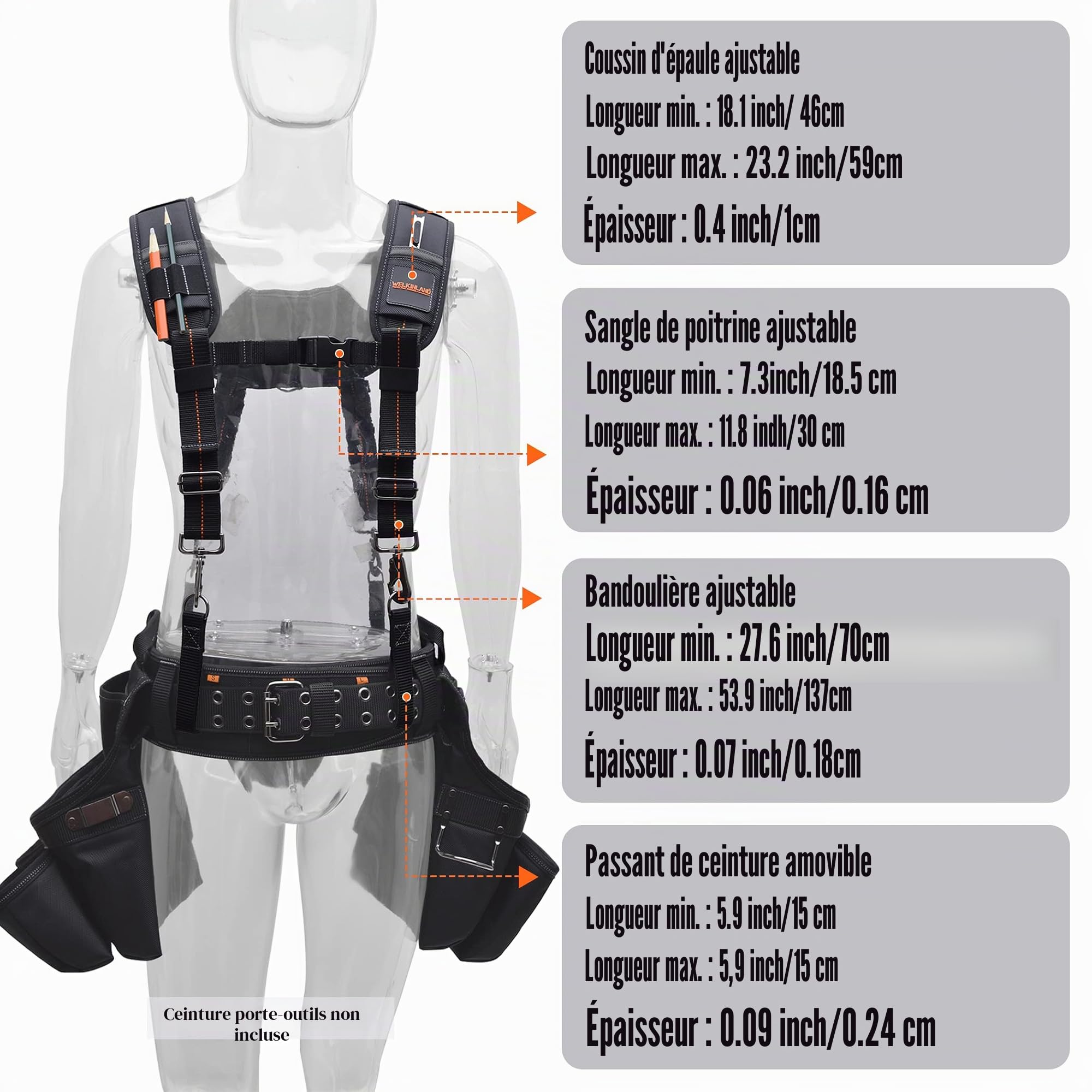 WELKINLAND Bretelles de ceinture à outils pour homme, bretelles de sac à ongles, sac à outils, bretelles de charpentier