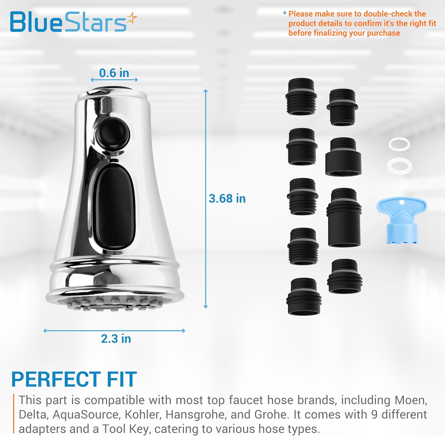 BlueStars Pull Down Kitchen Faucet Head Nozzle Replacement - 3-Function Anti-Splashing Faucet Head - 9 Adapters For Various Hose Types - For Kitchen Sink