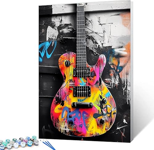 Tucocoo Pintura al óleo estilo graffiti por números para adultos principiantes con marco, pintura de guitarra fresca por número sobre lienzo con
