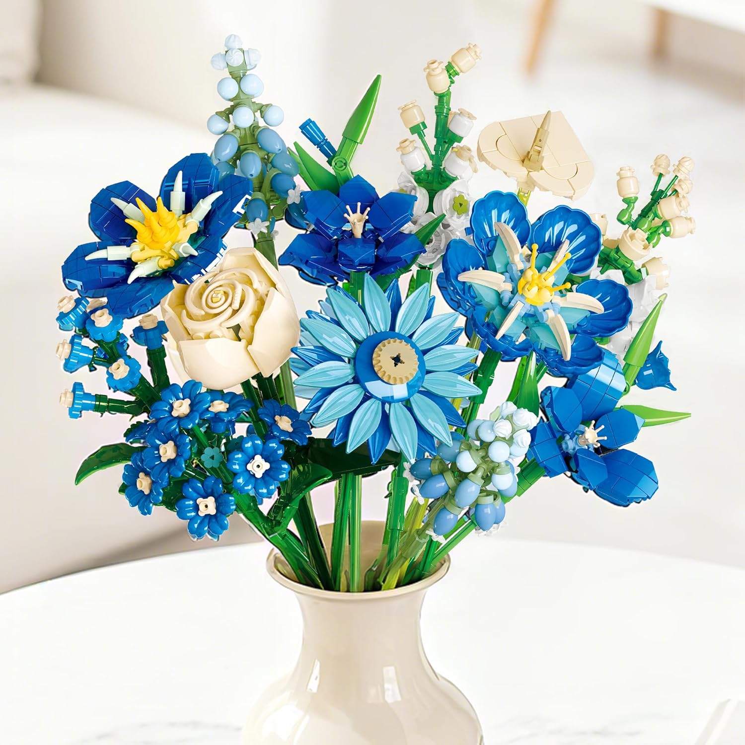Blue Flower Bouquet Building Set, Gift for Her/Mom/Girlfriend/Wife/Couple, Roses Tulips Daisies Gladiolus and More, Artificial Flower Arrangement, Home Room Office Table Decor
