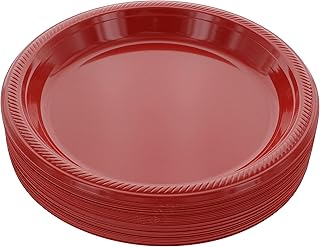 Disposable Red Plastic Dinner Plates, 10.4 Inches, Strong and Sturdy for Party, Holiday, Picnic, or Travel - Pack of 50