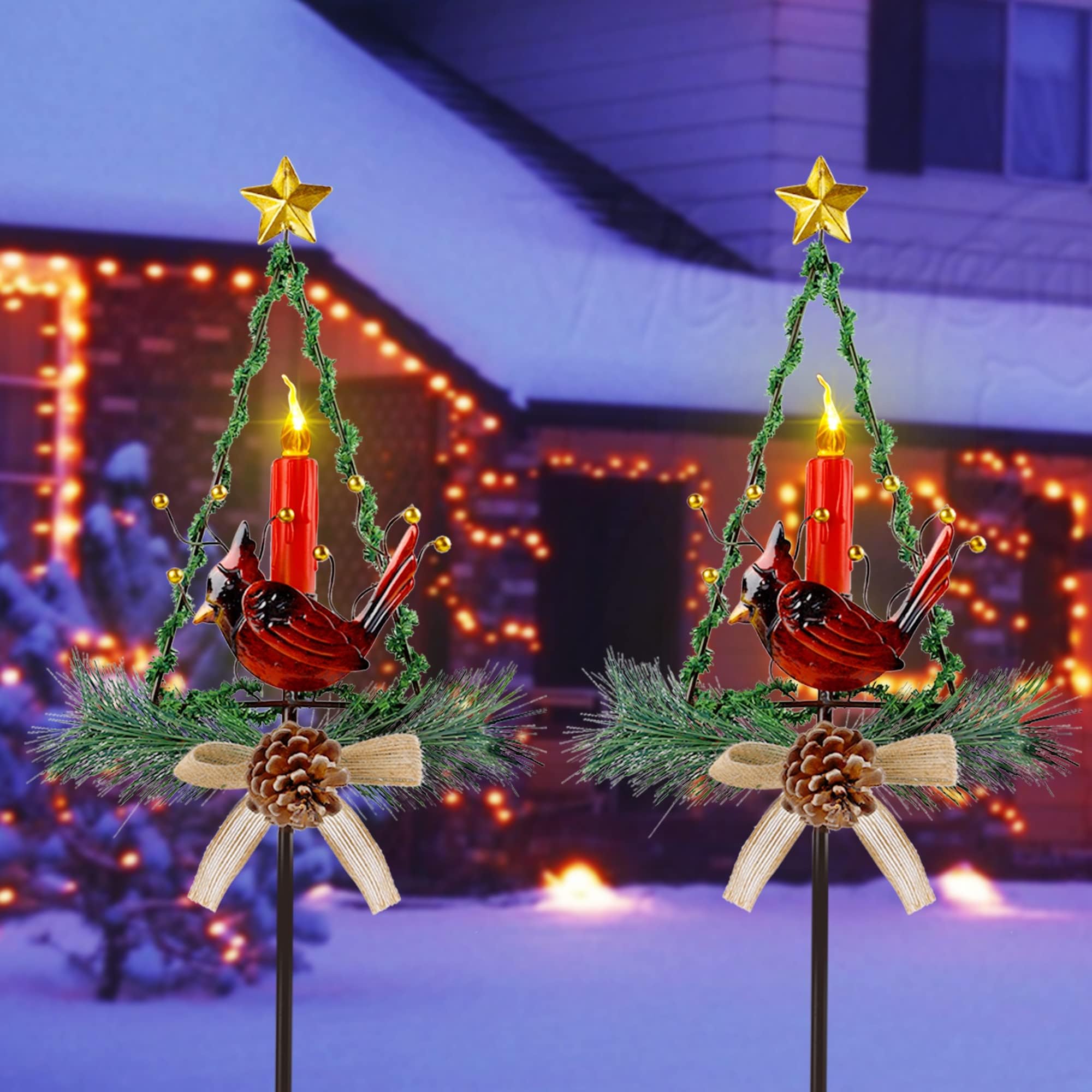 FORUP Solar Christmas Yard Decorations, Outdoor LED Solar Powered Candle Xmas Tree Pathway Lights, Metal Solar Garden Stake Lights, Lighted Christmas Tree Lawn Yard Ornament, Set of 2