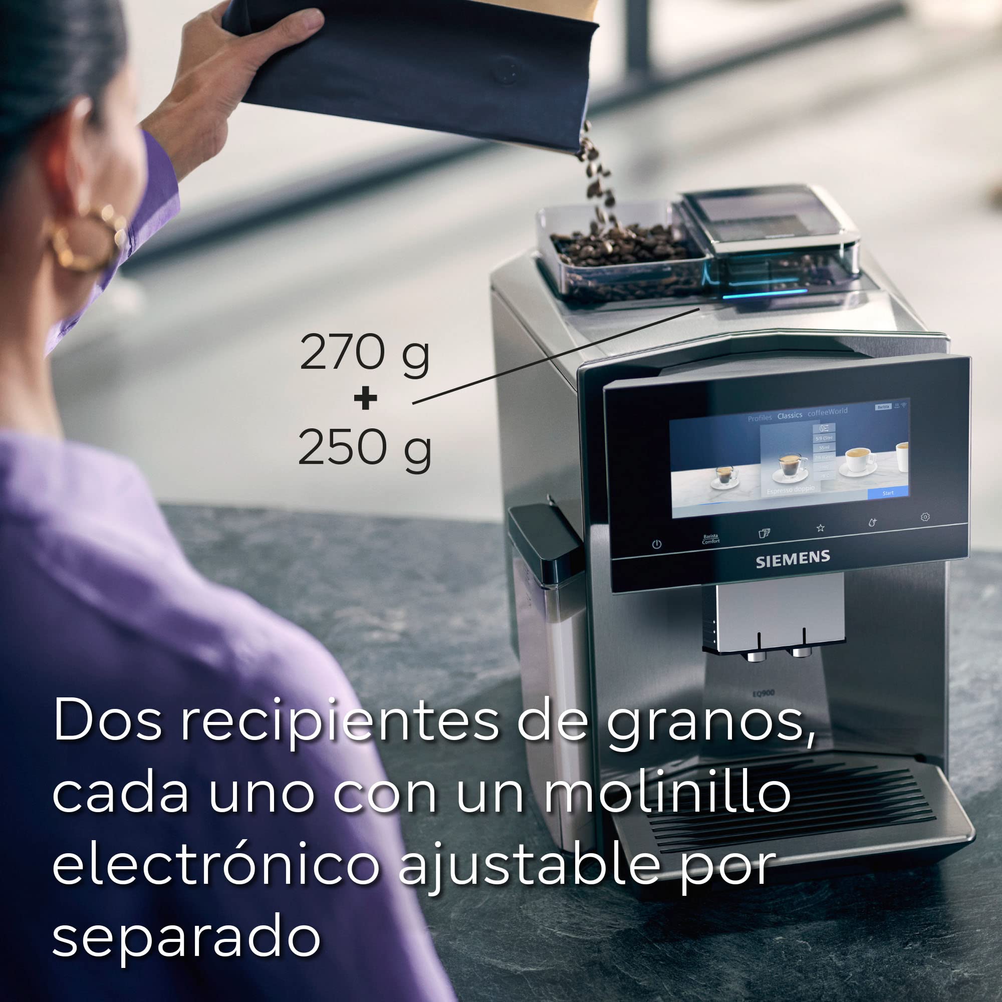 Siemens - Cafetera Superautomática, EQ700, Pantalla iSelect de 5", coffeWorld, Molinillo, Home Connect, Acero Inoxidable, TQ707R03