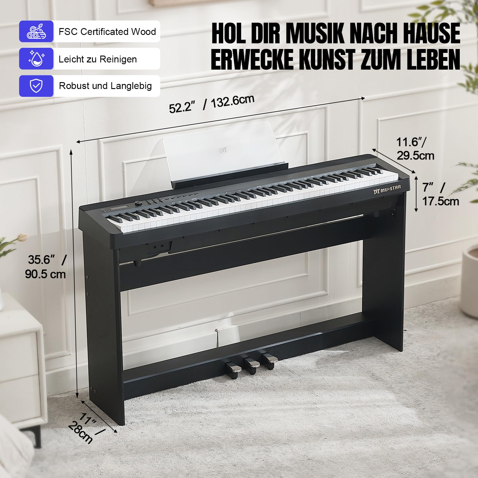 MUSTAR Piano digital de 88 teclas con mecanismo de martillo, piano clásico profesional, función dual y transpose, 3 pedales, soporte para piano, altavoz, USB/MIDI, negro