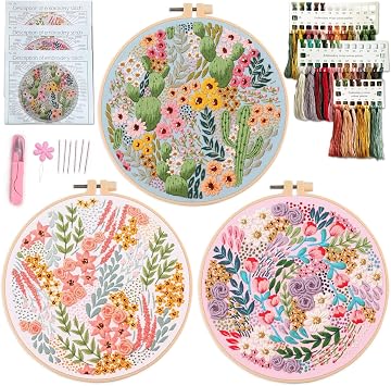 Myfelicity Embroidery kit, 3 Hand Embroidery kit,with Flowers and Plants Patterns,Needles.Colors Threads.1 Hoop