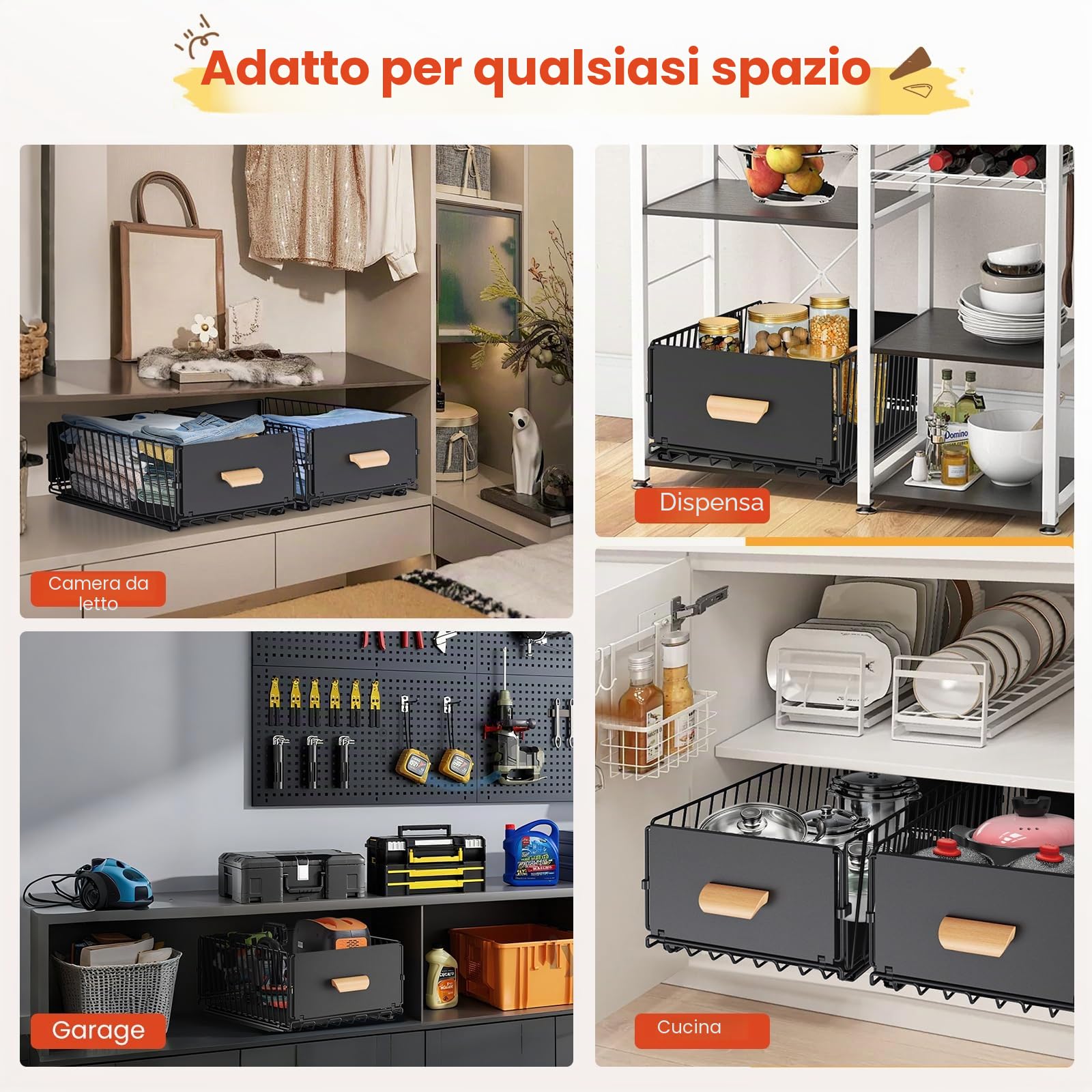 Telescopic Drawer, Extendable Drawer for Kitchen Cabinets, Slide Out Cabinet Organiser with Handle & Adhesive for Kitchen Pantry, No Drilling 23.5 x 39.5 x 19.5 cm, 2 Packs