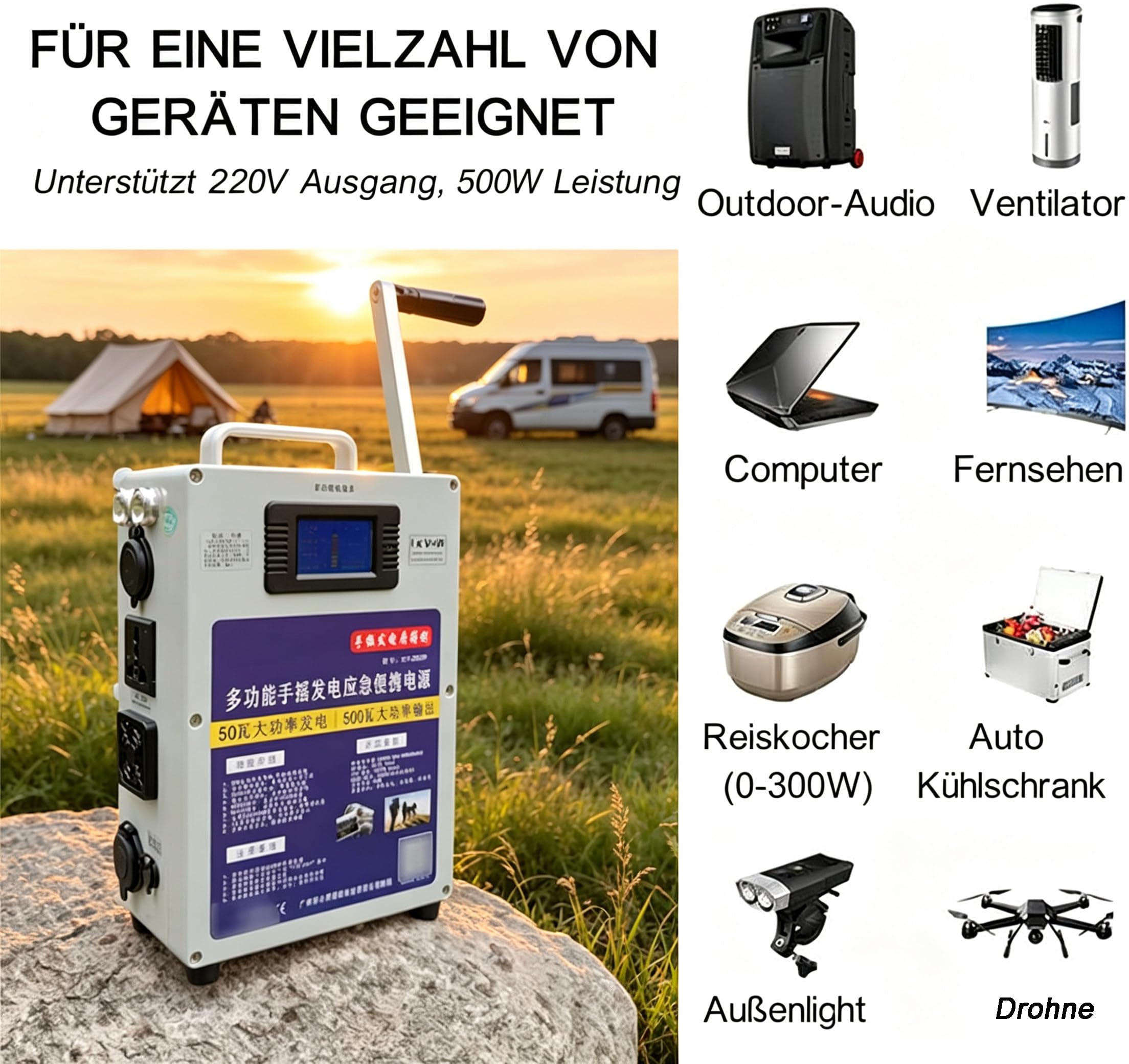 Generador De Manivela De 500 W, Generador De Manivela De 200 WH, Estación De Energía Portátil con Enchufe, 220 V Ca/CC/USB/, para Senderismo, Camping, Exterior, Emergencia