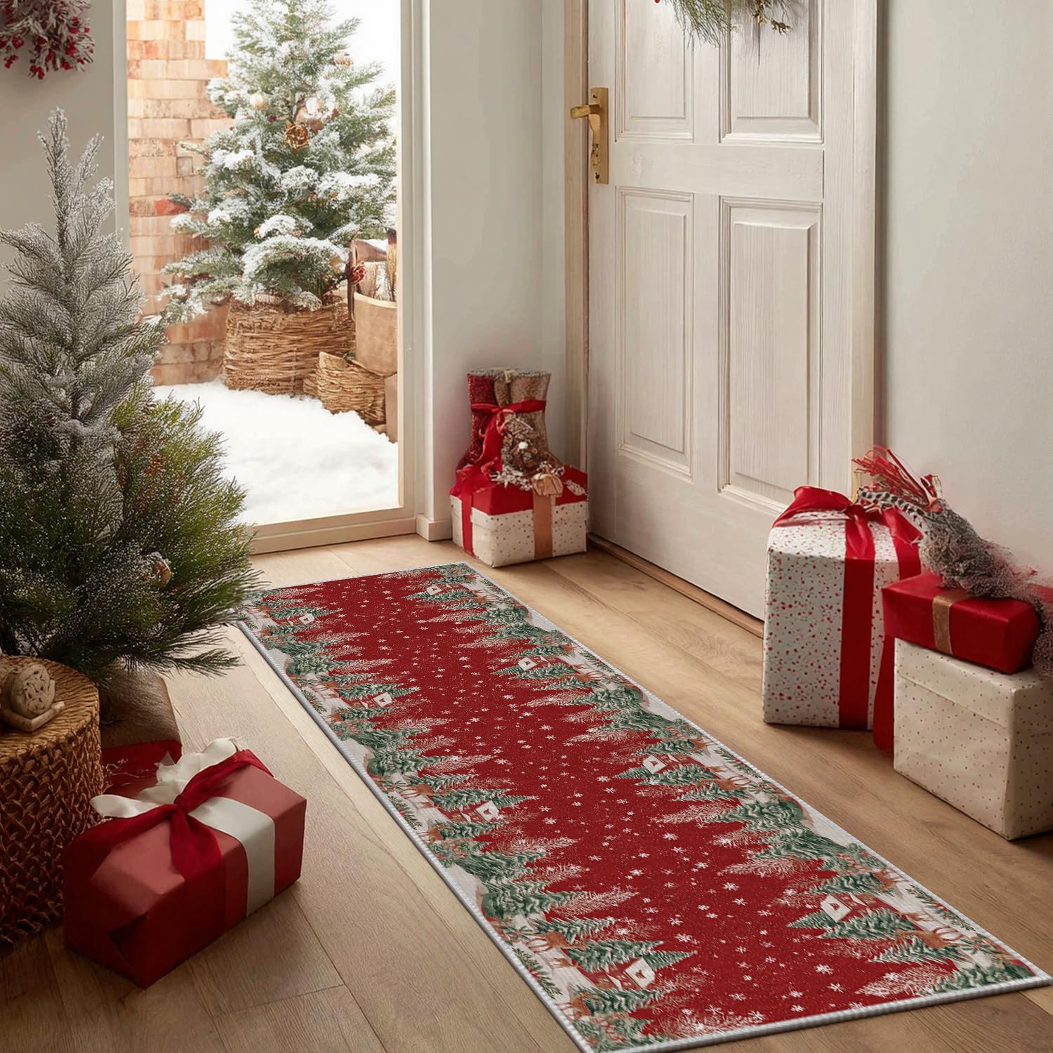 Artoid Mode Red Pine Tree Deer Christmas Runner Rug, Winter Home Decor Low-Profile Non-Slip Washable Carpet Runner for Hallways Kitchen Laundry Bedroom Bathroom 2x6 Feet - Image 3