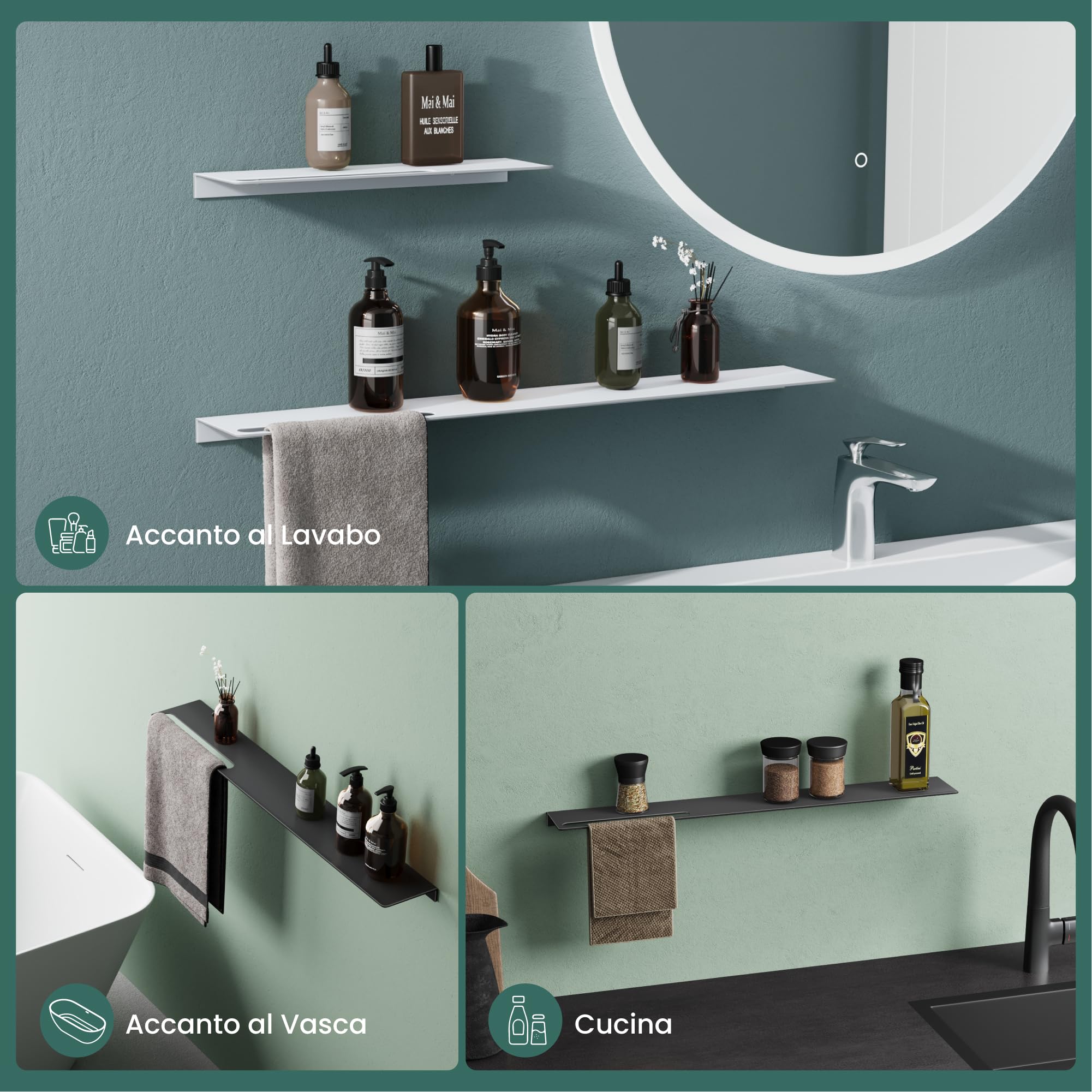 Mai & Mai Mensola da Parete Multifunzionale 40cm, Mensola per Doccia in Alluminio con Portasciugamani Mensola da Appendere per Bagno e Cucina, Bianco Opaco, Reglo-06