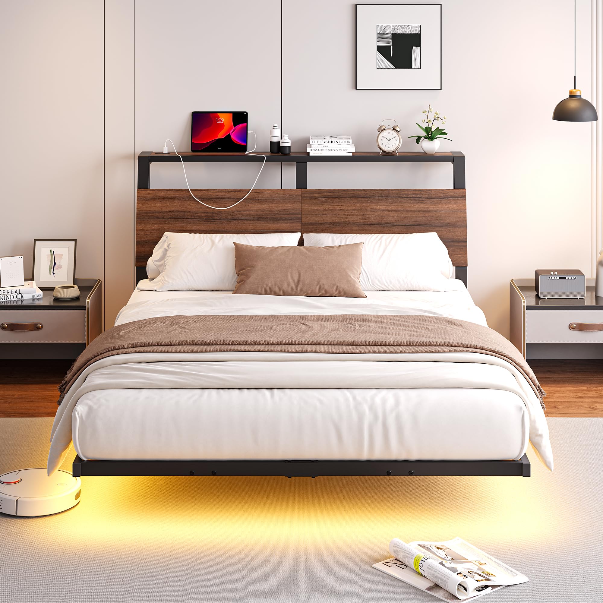 HOJINLINERO Double Floating Bed Frame,135x190cm,with LED Lights and Charging Station,Metal Platform Bed Frame Double Bed with Wooden headboard,No Box Spring Needed,Steel Slat Support,4ft6,Walnut