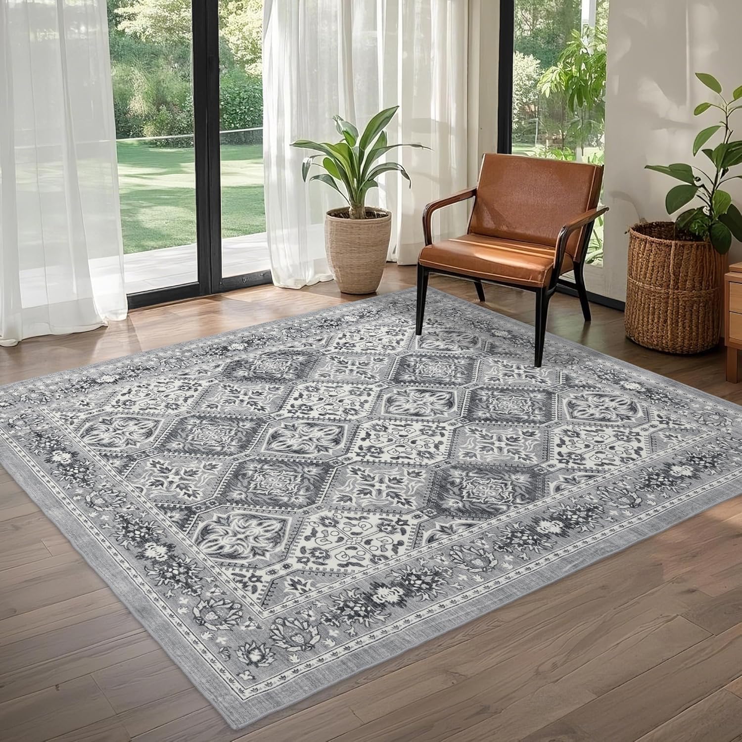Tapis poil ras gris et blanc 200x250 cm géométrique rétro