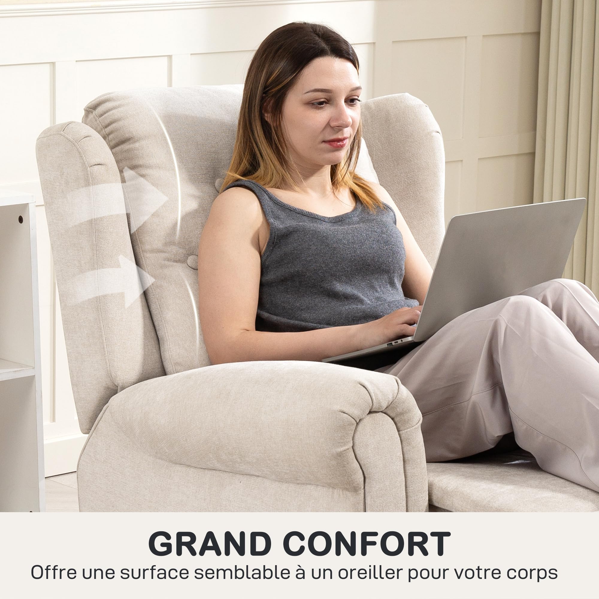 HOMCOM Fauteuil Relax massant et Chauffant, Fauteuil inclinable Beige | Dossier et Repose-Pieds Réglables Manuellement, Tissu Aspect Lin, Poche Latérale, pour Salon, Chambre