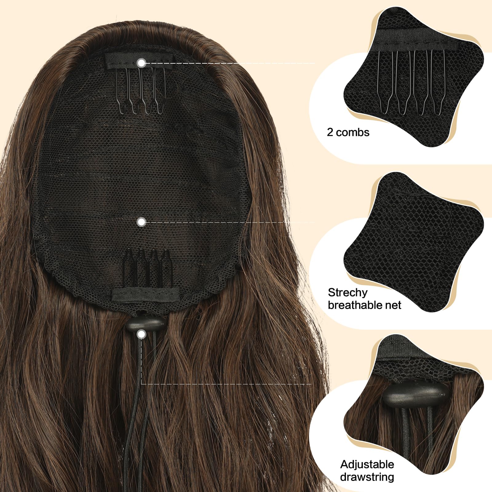 FESHFEN Pferdeschwanz Haarteil mit Kordelzug, 45 cm Wellen Zopf Pferdeschwanz Verlängerung Haare Extension Synthetik Lang Wellig Haarverlängerung für Damen, Braun und hellkastanienbraun gemischt