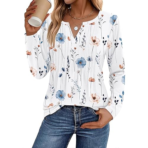 Zeagoo Womens Long Sleeve Tops 2025 V Neck Pleated Shirts Dressy Casual Tunic Blouses Loose Fit Fall Fashion Clothes