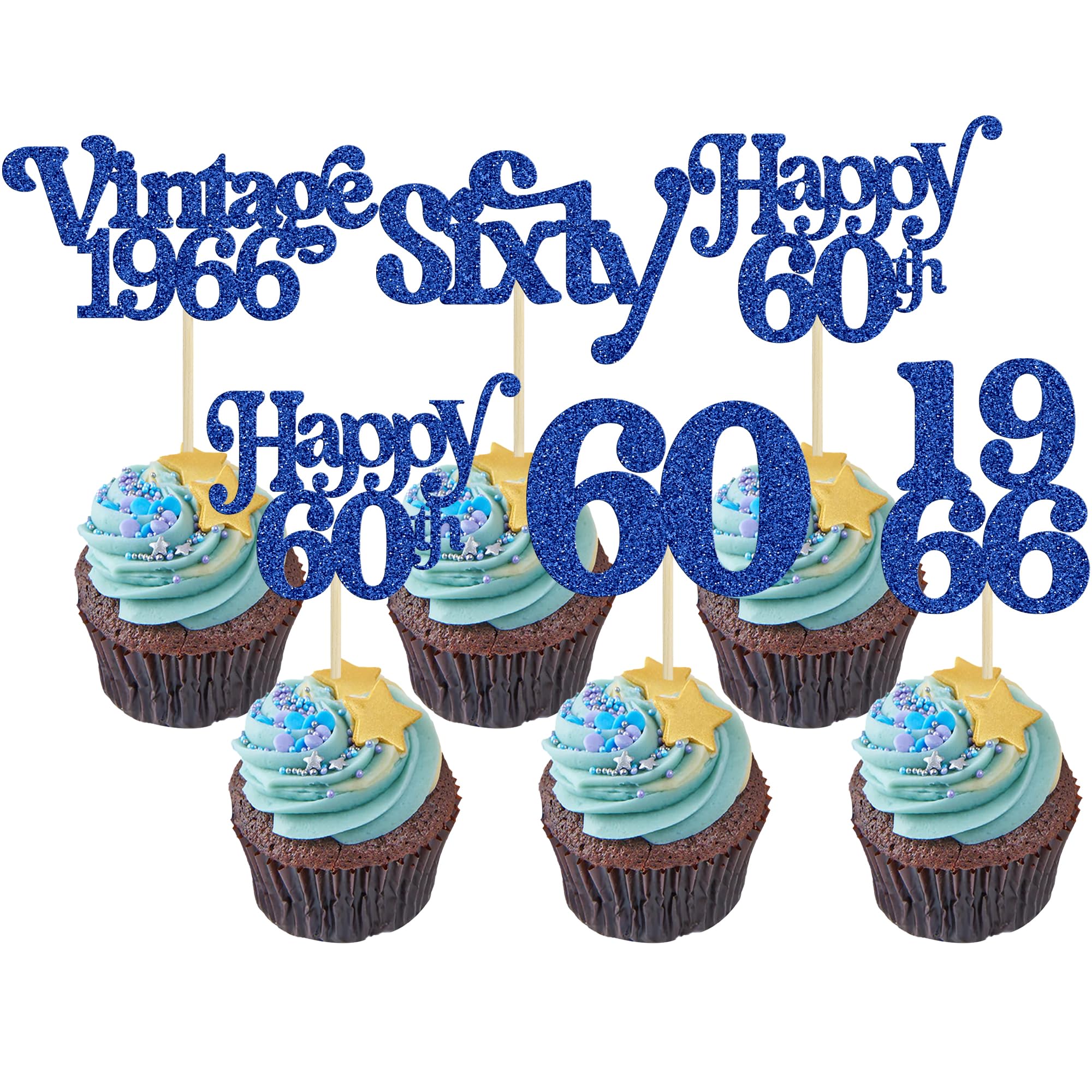 Gyufise 30Pcs 60th Birthday Cupcake Toppers Vintage 1966 Cheers to 60 Fabulous Sixty Cupcake Picks Decorations for 60th Birthday Wedding Anniversary Party Cake Decorations Supplies Blue