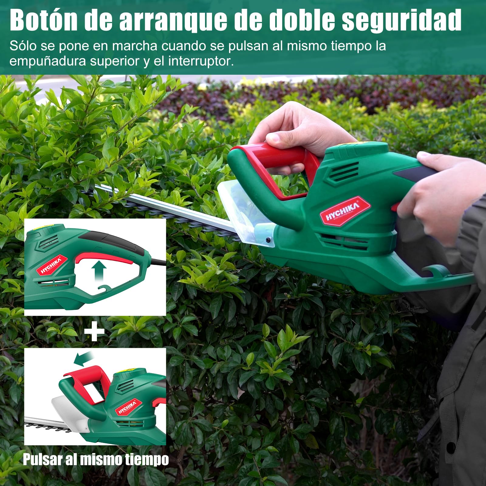 HYCHIKA Cortasetos Electrico Hedge Trimmer 550W, Corta Setos Jardin Electrico, 45 cm Longitud Hoja, 18 mm Espacio Entre Dientes, Doble Interruptor y Doble Asa, para Podar Césped, Arbustos y Setos