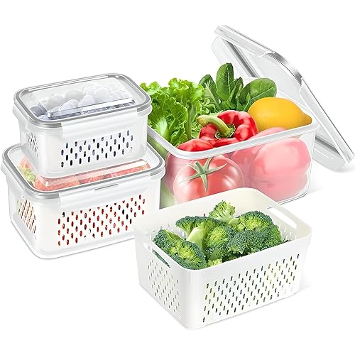3 Pack Fruit Storage Containers for Fridge with Removable Colander, Airtight Food Storage Containers with Lids, Fresh Produce Fridge Organizer Bins, Fruit Vegetable Kitchen Organizers and Storage
