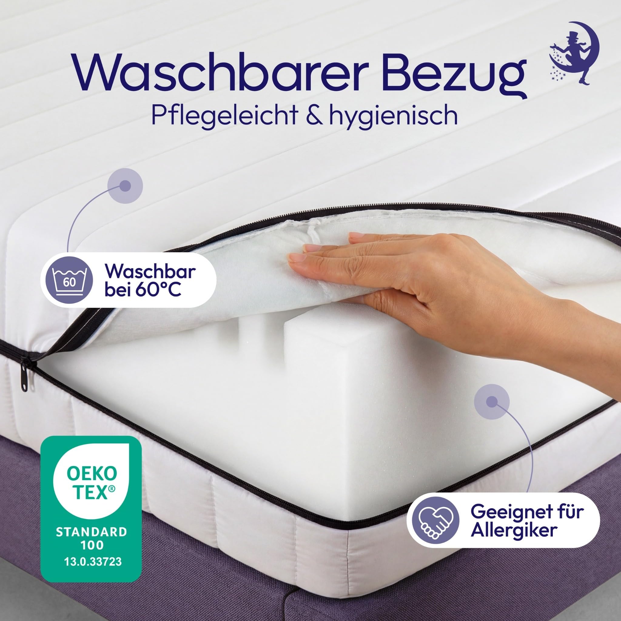 Mister Sandman Kaltschaummatratze 140x200 cm H2/H3 – Rollmatratze 15 cm hoch – waschbarer Bezug 60° – Öko-Tex – Made in Germany