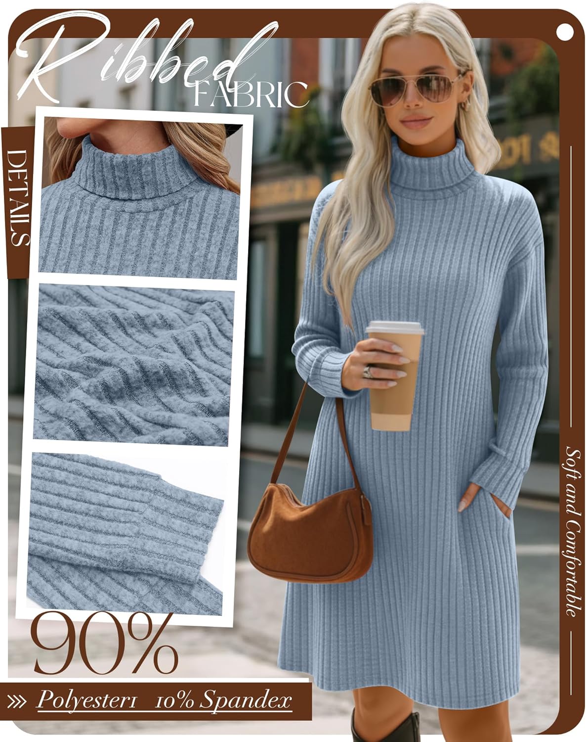 3 Pack Women's Long Sleeve Sweater Dresses, Ribbed Knit Turtle Neck Casual Tunic Dresses with Pockets Fall Outfits - Image 4