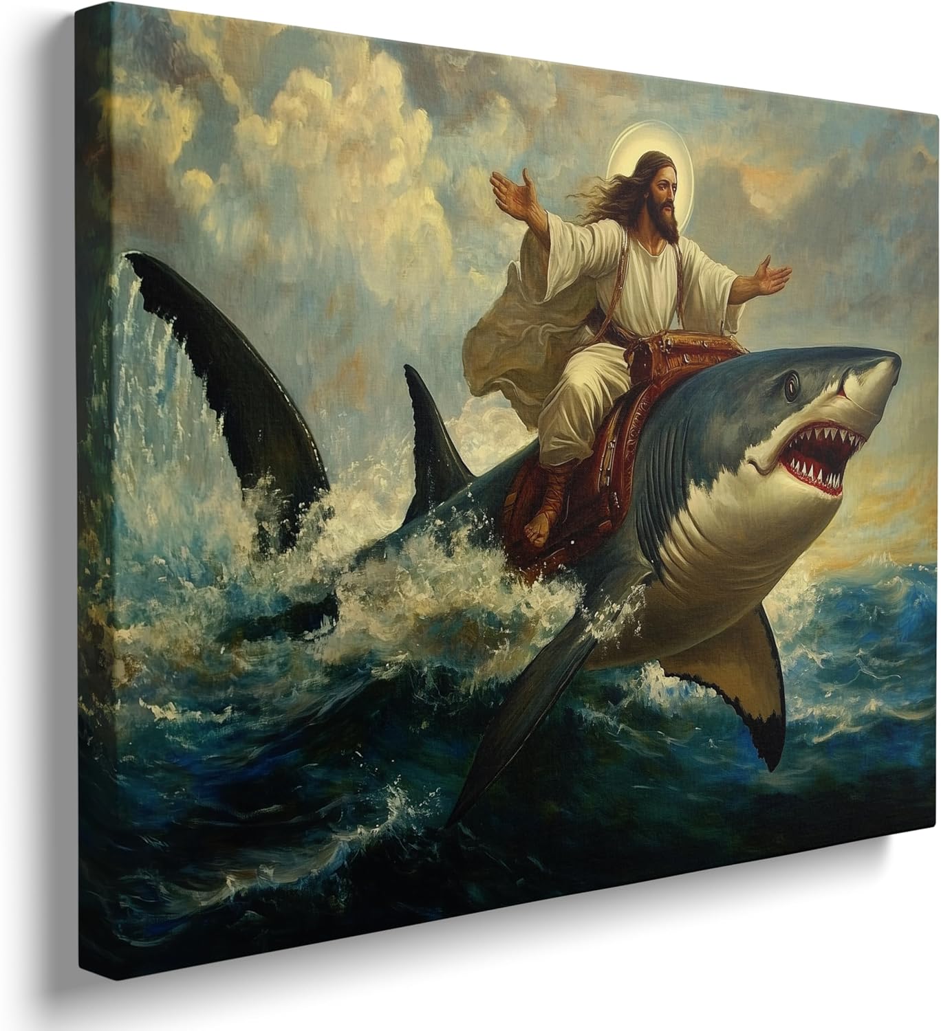 Amovlov Jesus Riding Shark Canvas Wall Art, Whimsical Religious Decor, Funny Bathroom Wall Art, Christian Poster, Vintage Style Animal Art (12'x16'')