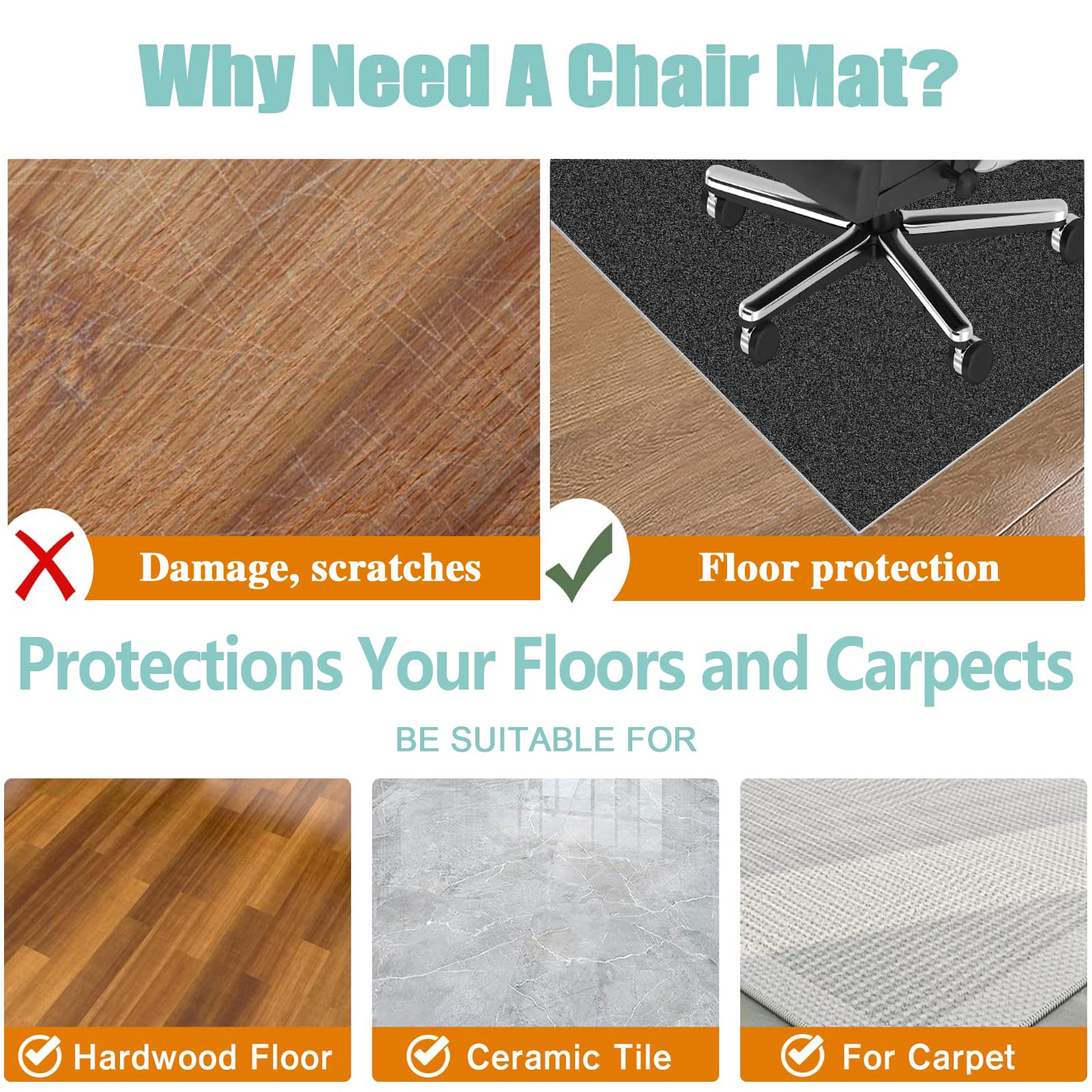 Xiaputcr Floor Mat for Office Chair Office Chair Mat for Hardwood Floor Non Slip Gaming Computer Chair Mat Multi-Purpose Floor Protectors for Rolling Chairs Carpet Protections Chair Mats 100 x 160 cm - Image 4