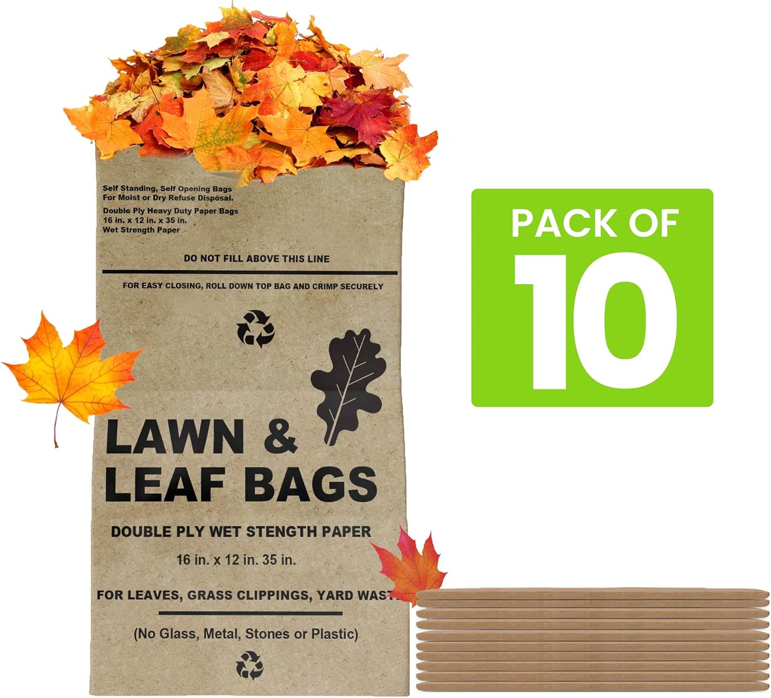 Lawn and Leaf Bags 30 Gallon - Pack of 10 - Tear Resistant Eco-Friendly Trash Bags for Wet/Dry Leaves, Grass Clippings, and Twigs - Brown Recyclable and Compostable Yard Bags - Biodegradable Bags : Health & Household