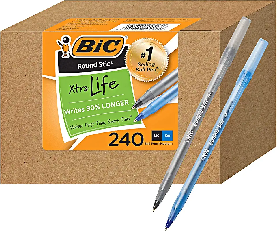 BIC PENS Bulk Pack of 240 Ink Pens, Round Stic Xtra Life Ballpoint, Medium point 1.0 mm, 120 Black &amp; 120 Blue Combo Pack in Bulk