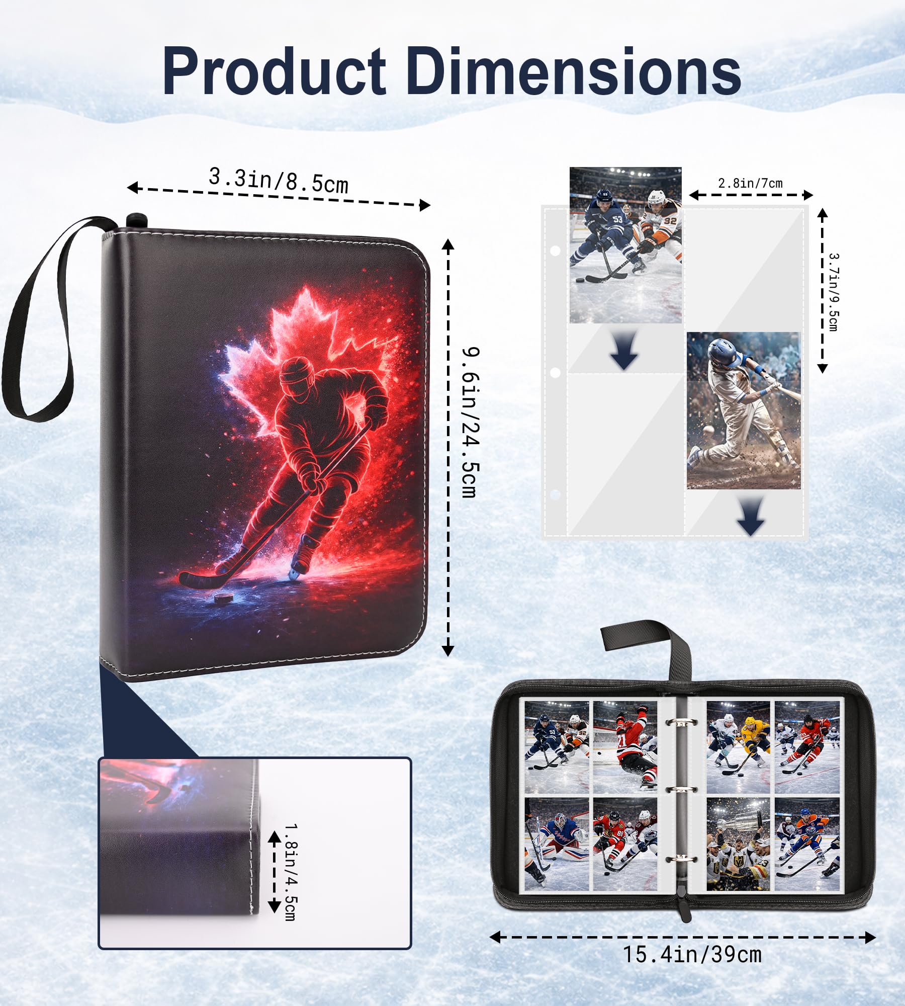 Hockey Card Binder, 4 Pocket Trading Portable Collector Binder with 50 Removable Sleeves for 400 Cards, Zipper Card Organizer Album for Football, Basketball, Baseball, Sports Cards - 3