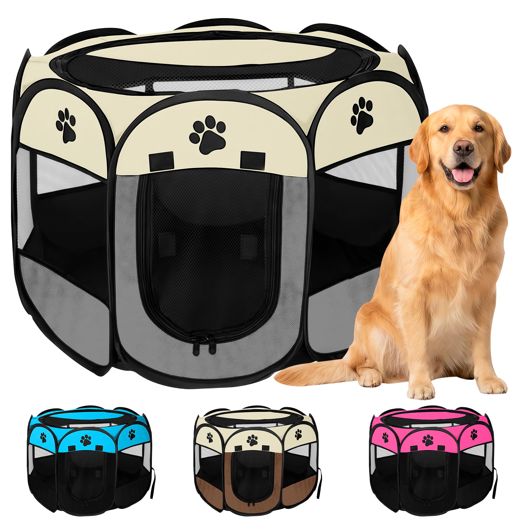 JUPPLIES Folding Dog Playpen 114 x 114 x 58 cm – Portable Waterproof Oxford Fabric Playpen for Medium Pets – Ideal for Travel, Games or Rest at Home and Outdoor – Grey