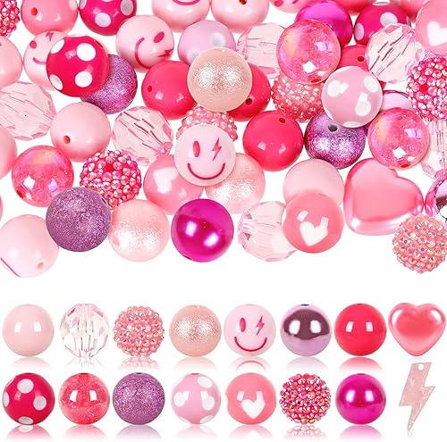 Waline - 50 cuentas de goma de mascar con forma de corazón mixto de 0.787 in, 16 estilos, color rosa y blanco, cuentas de plástico gigantes, para