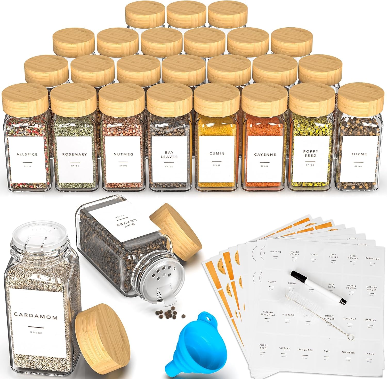 Tarros de especias cuadrados con tapa (36 unidades, 120 ml, 340 etiquetas, tarros de especias con embudo con inserto para rociador, pegatinas vacías, tamiz (36 bambú)