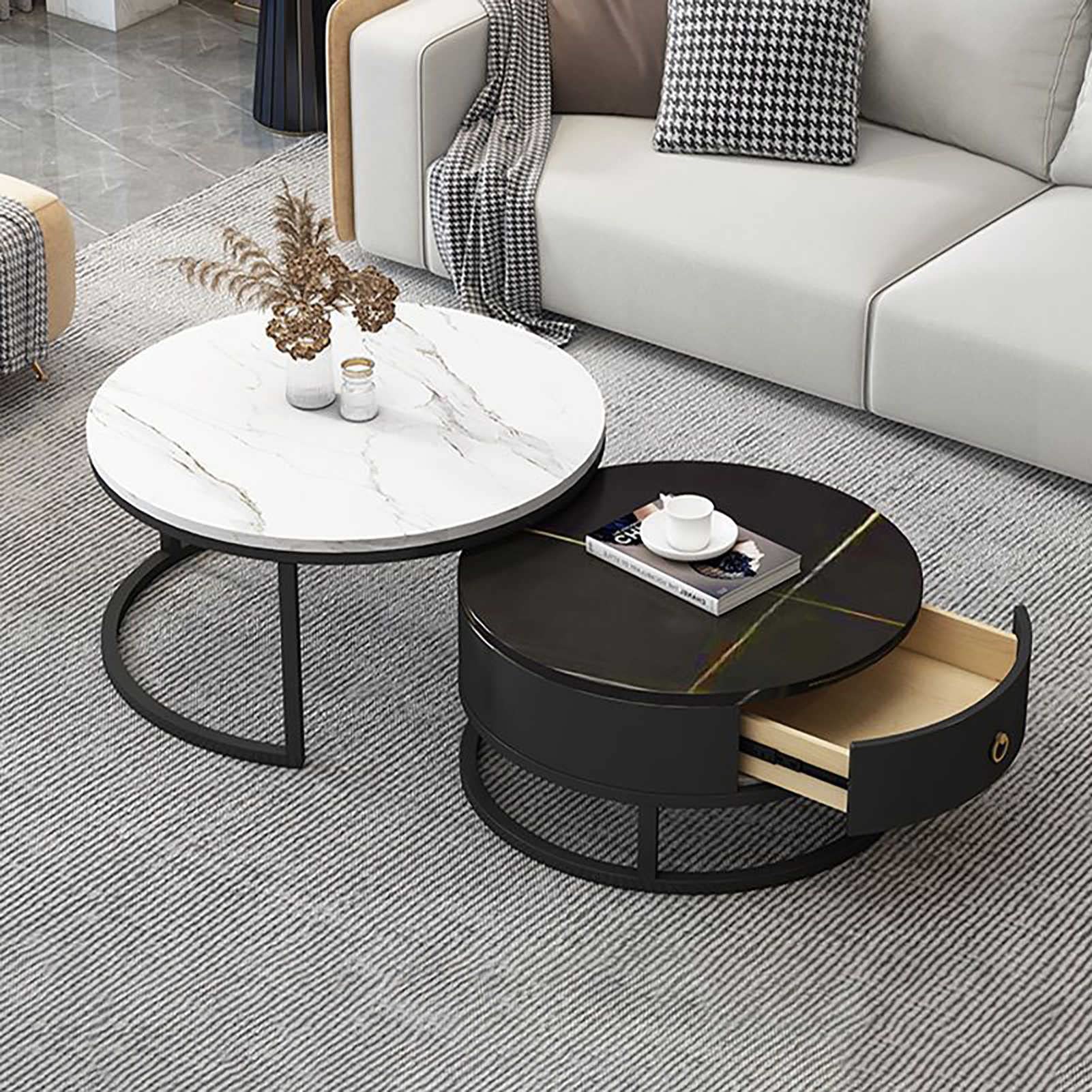 Klydbmyt Modern Nesting Coffee Table Set Of 2 With Drawer Storage Marble Texture And Metal Frame Living Room Furniture Decor And Multipurpose Use