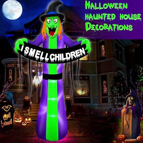 Miniatura 7 de TURNMEON Guirnalda inflable gigante de Halloween de 8 pies, decoración al aire libre, bruja aterradora sostiene el olor de los niños, luces LED para