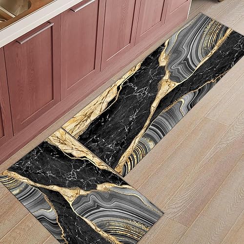 Miniatura 7 de Juego de 2 tapetes de cocina de mármol, diseño abstracto, negro, gris, dorado, lavables, tapetes de cocina antideslizantes y cómodos, tapete de