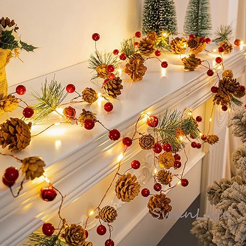 Miniatura 7 de Paquete de 2 guirnaldas de luces de piñas de Navidad, guirnalda de Navidad de 6.6 pies con luces, 20 luces LED funciona con pilas, guirnalda de