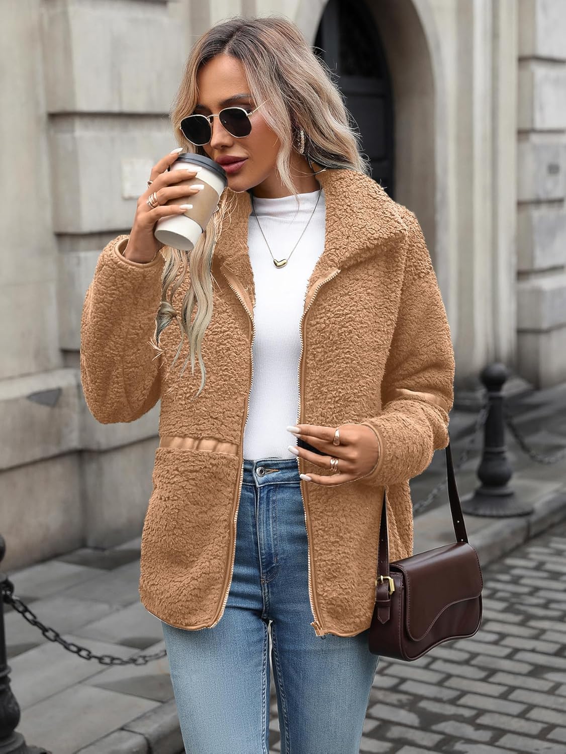 Vipwest Women's Fleece Jacket Full Zip Fall Winter Plus Size Warm Sherpa Jackets S-5XL - Image 3