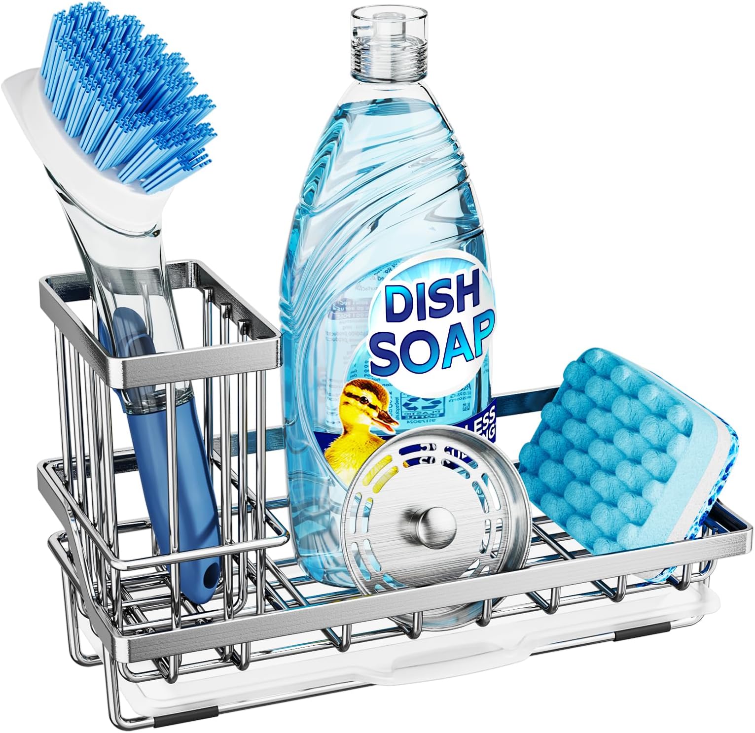 Sink Caddy, Kitchen Sponge Holder with Dish Brush Holder, Kitchen Organizer with Drip Tray for Countertop, Stainless Steel Rustproof - Silver