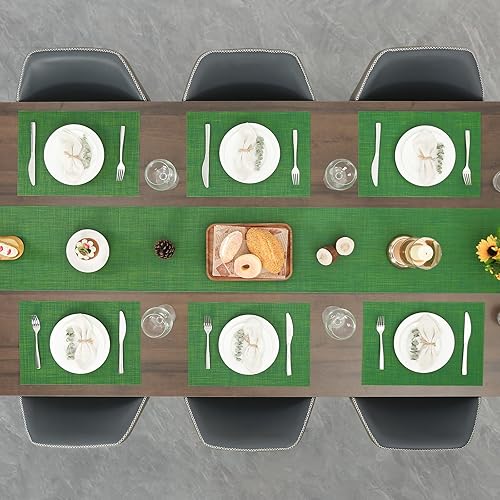 Miniatura 6 de Myir JUN Juego de 8 manteles individuales tejidos de vinilo, para interiores, lavables, antideslizantes, para mesa de comedor (verde oscuro, juego