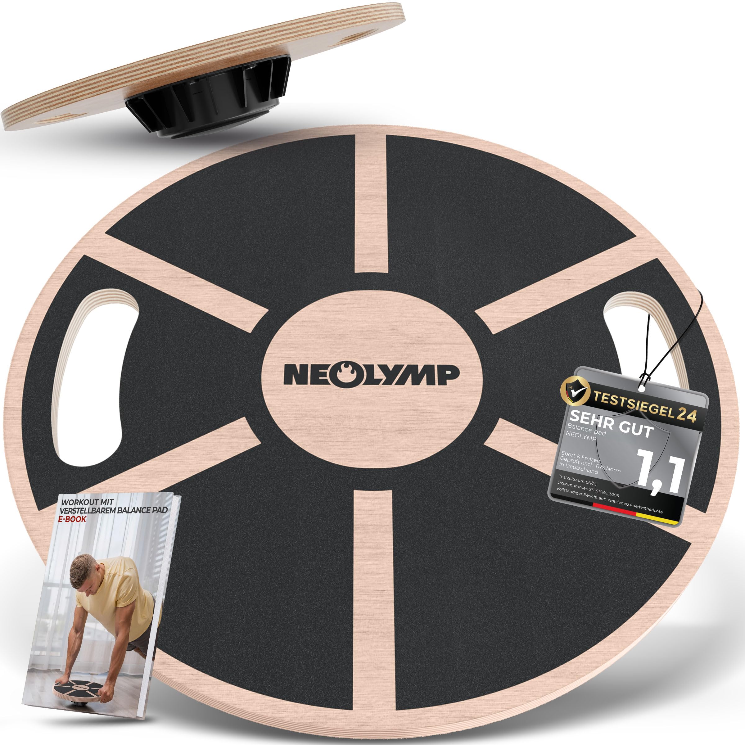 NEOLYMP Balance Board Holz mit Griffen - Rutschfestes Gleichgewichtsboard 360° Drehung - Balancebrett für Fitness, Physio, Planks & Yoga - Wackelbrett - Balance Board Erwachsene