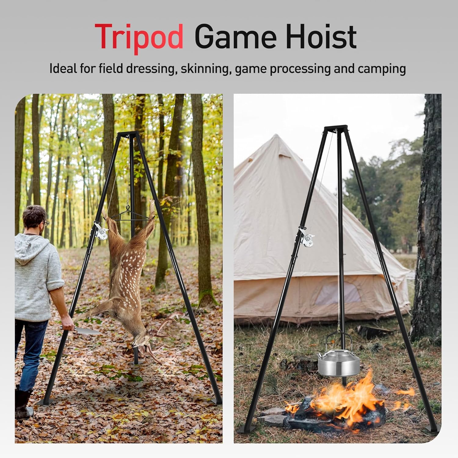 JY PERFORMANCE Tripod Game Hoist, 500 LBS Capacity Deer Skinning Rack Stand with Gambrel for Hunting, Hide Skinning, Field Dressing