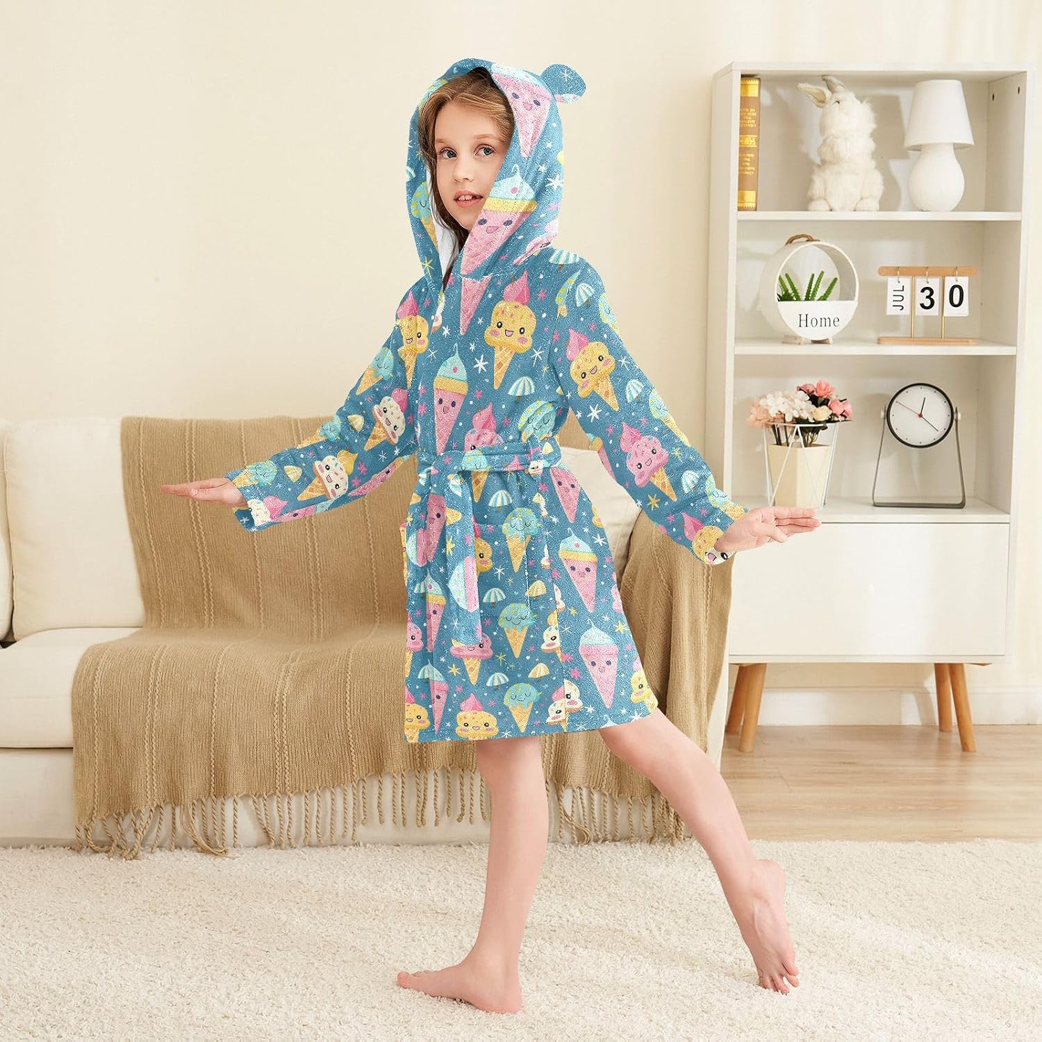 senya Cartoon Ice Cream A Toddler Hooded Bathrobe Kids Soft Plush Bath Towel Robes for Boys Girls 2-12 Years