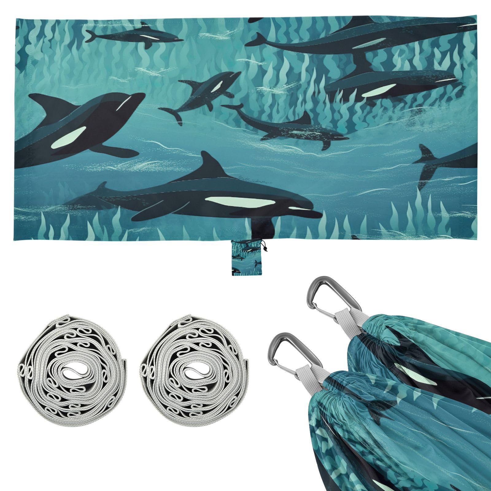 SDMKA Cute Orca Whales Camping Hammock, 330 lbs with 2 Tree Straps, Carry Bag, Single Portable Hammock for Outdoor/Indoor, Hiking, Beach, Backpacking, Travel