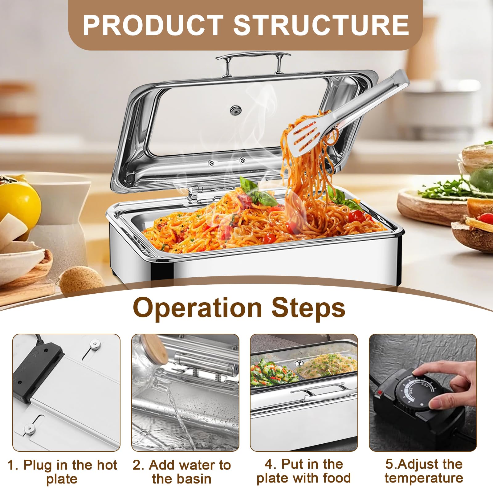 Chafing Dish Elettrico Professionale, 9L Scaldavivande Elettrico per Buffet, Acciaio Inox Chafing Dish Buffet con Coperchio Trasparente, Temperatura Regolabile (1/1)