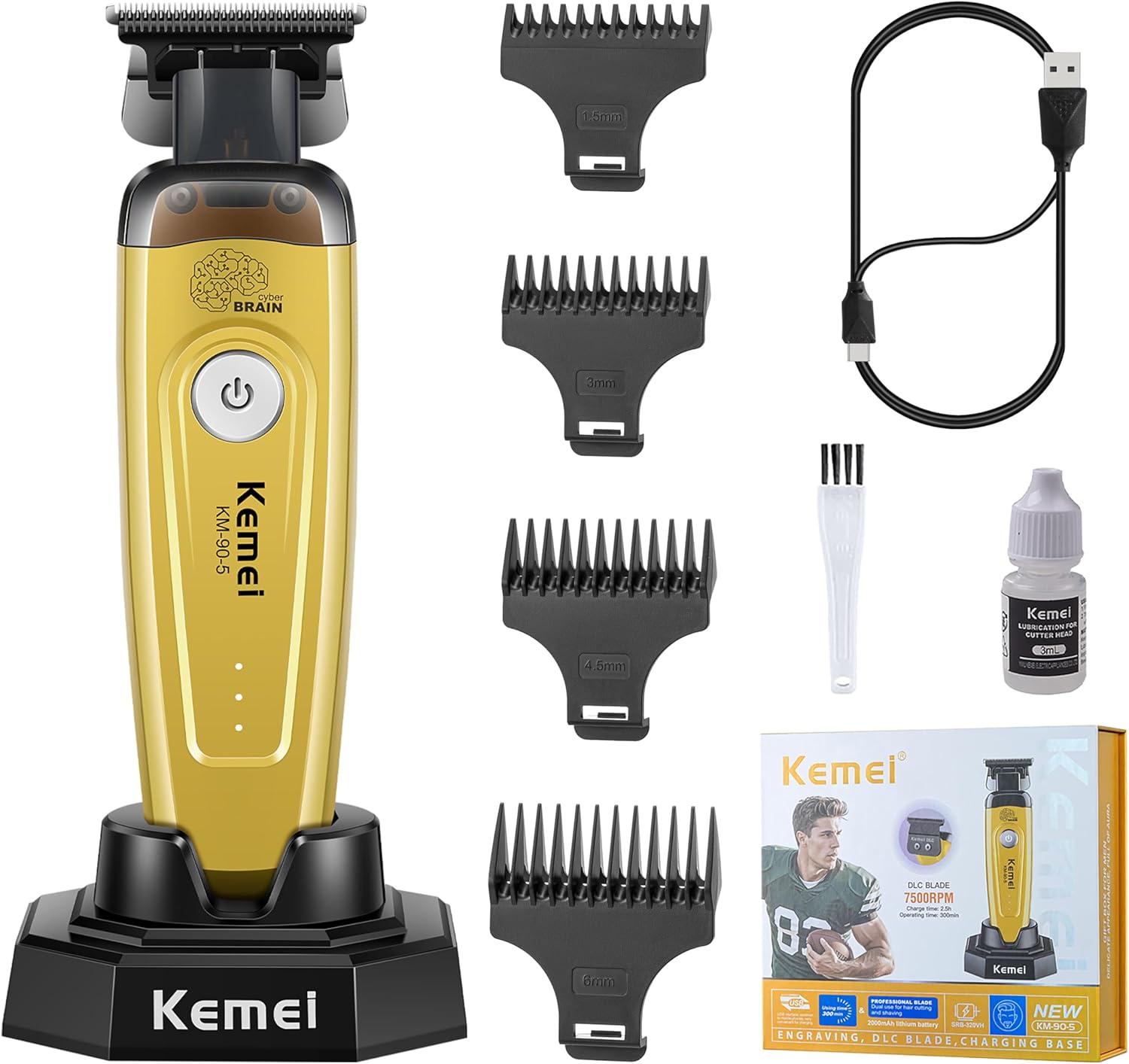 KEMEI 90-5 Hair & Beard Trimmer for Men, Zero Gap Trimmer with DLC Blade & Charging Base, 7500 RPM Cordless Trimmers for Barbers
