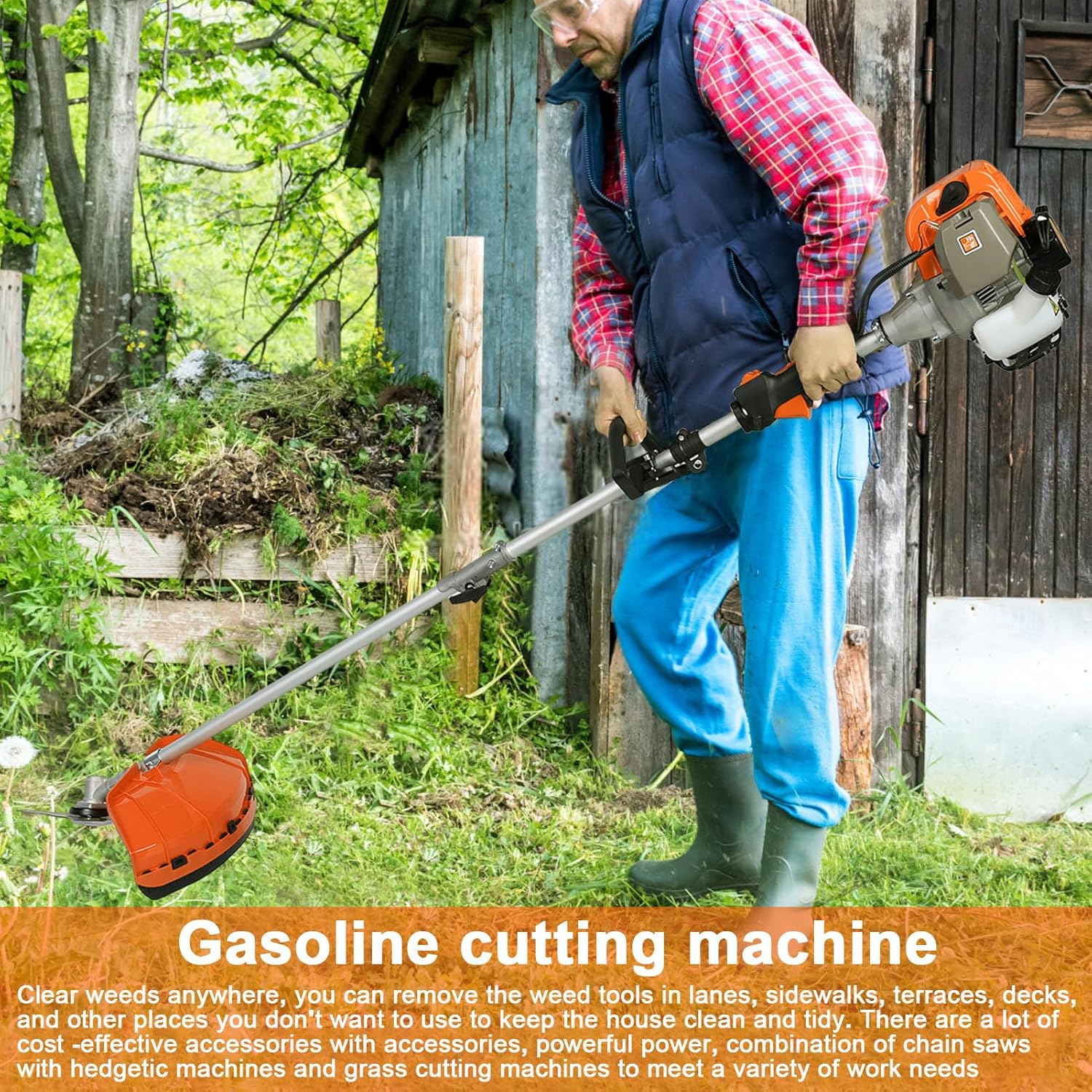 User operating the Cuteam 5-in-1 garden tool with the brush cutter attachment in a heavily overgrown area.