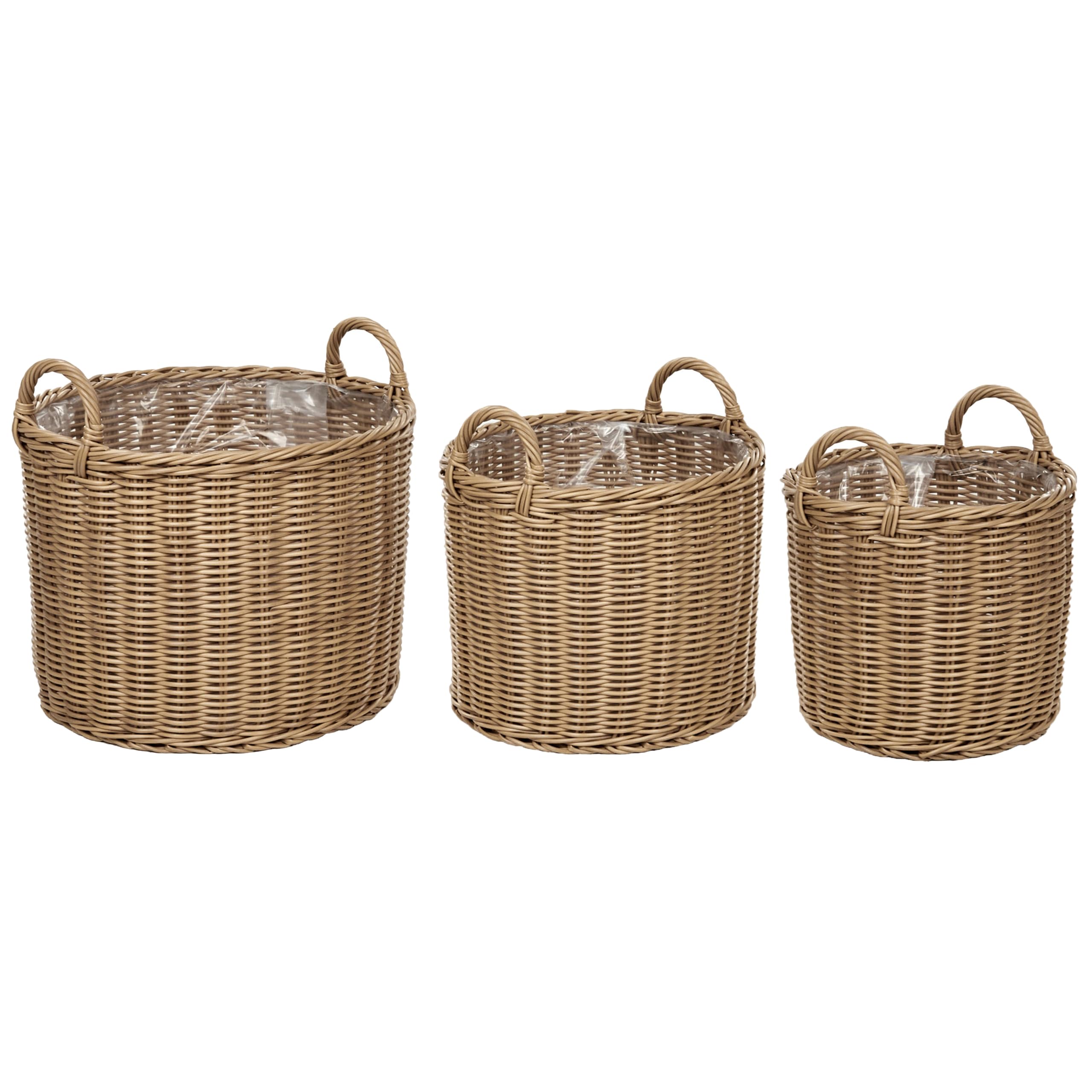 Blumenkorb Rattan natürlich 3er Set rund geflochten mit Folie Griffen Pendula