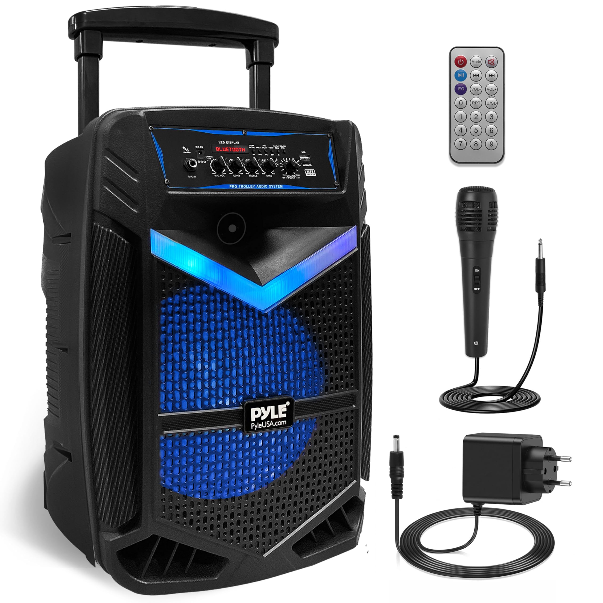 Pyle Speaker System, PA, 800W, Bluetooth, Portable, Rechargeable, Outdoor, 12" Subwoofer, 1" Tweeter, Recording Function, Microphone, Party Lights, USB/SD Radio, Black